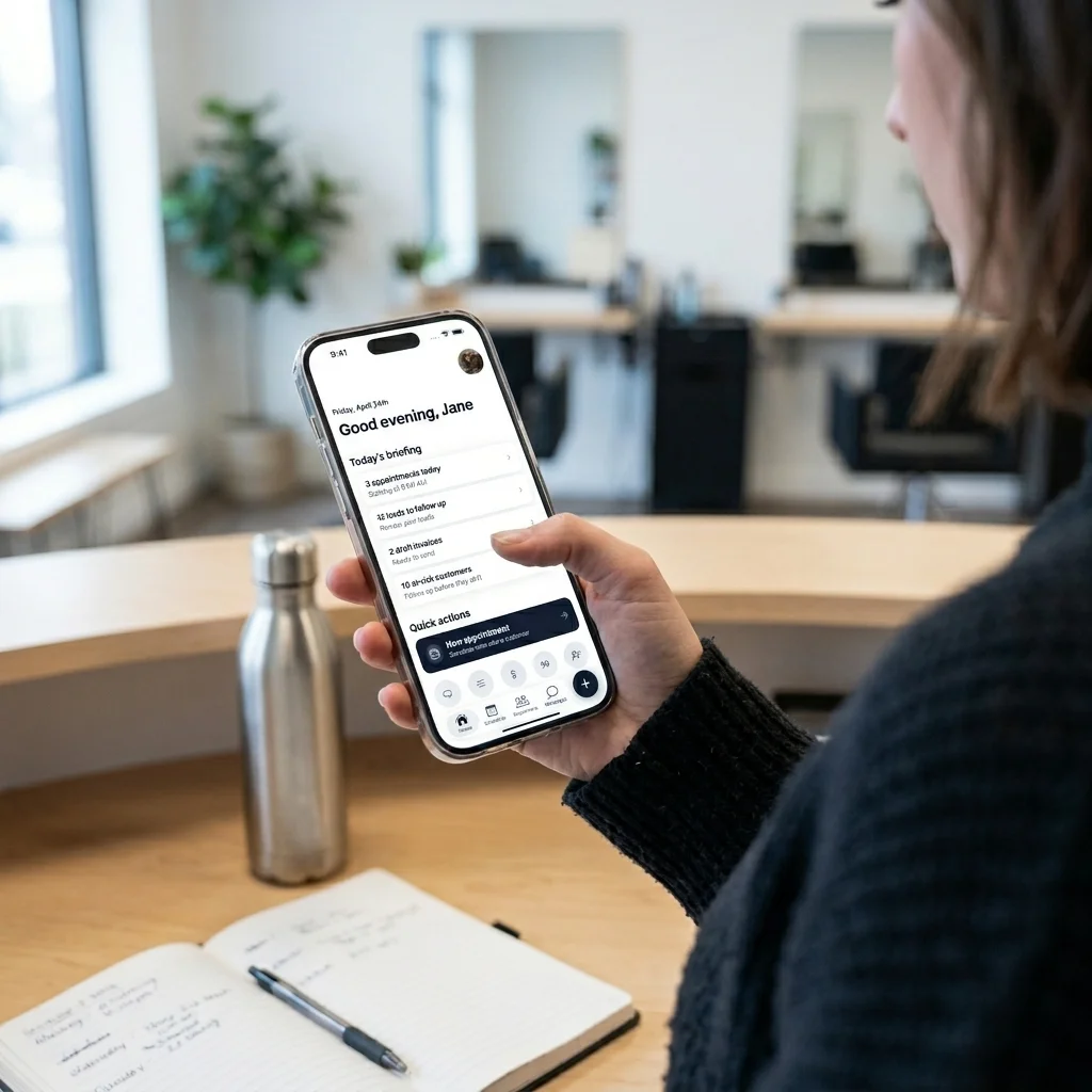 A salon owner holding her phone, running her business through Meep