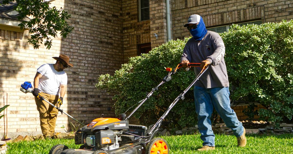 Two lawn care workers mowing and trimming a front yard